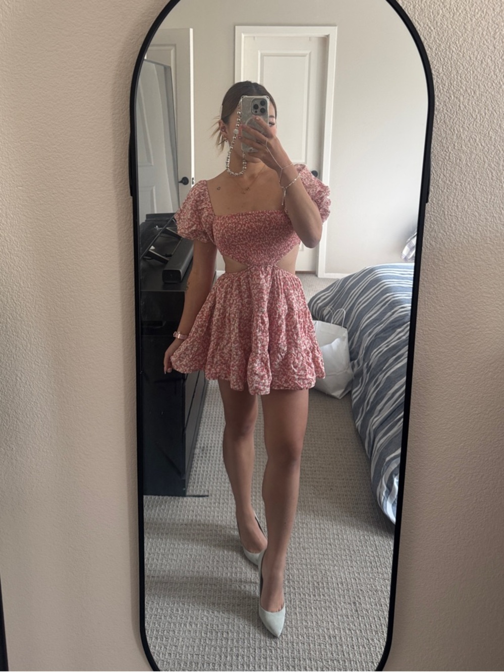 Smocked Puff-Sleeve Mini Dress in Pink Floral